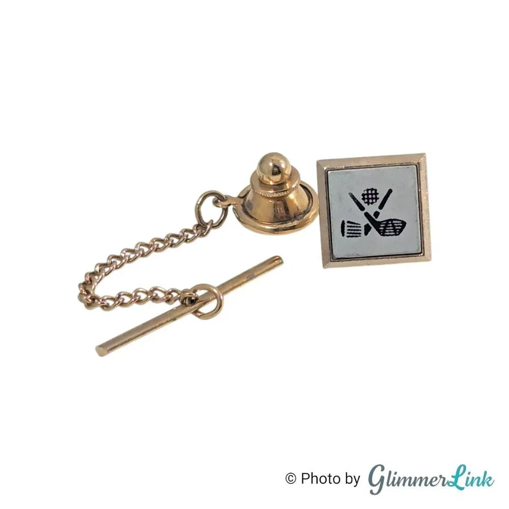 Vintage Swank Two Tone Golf Clubs & Ball Square Tie Tack Pin with Chain